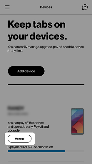 Devices screen with emphasis on Manage button