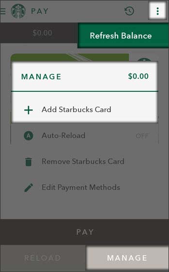 Interfaz de usuario de la aplicación Starbucks con selecciones de menú.