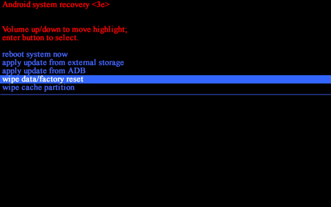 Pantalla Android system recovery con opción wipe data/factory reset