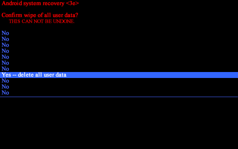 Android system recovery screen with Yes, delete all user data