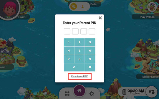 Parent PIN screen