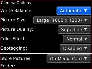 Pantalla Camera options