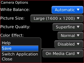 Pantalla Camera options con Save