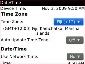 Pantalla Date / Time con opción Time Zone seleccionada