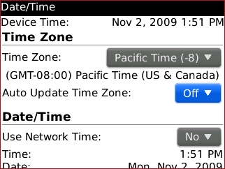 Pantalla Date / Time con configuración Auto Update Time Zone