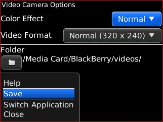Pantalla Video Camera options con Save
