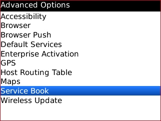 blackberry advanced options with service book
