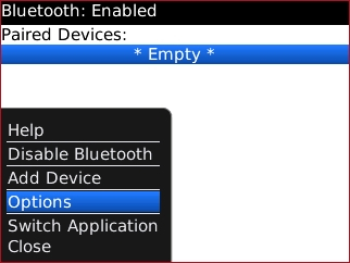 Menú de opciones de Bluetooth con Options