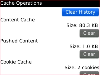 Pantalla Cache Operations y opción Clear History