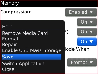 Memory screen menu with Save