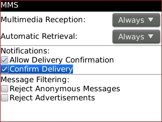 MMS options screen with Confirm Delivery