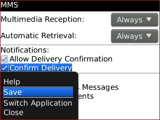 MMS options screen the Save menu option