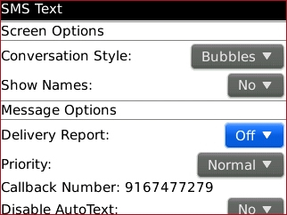 SMS Text options screen with the current setting