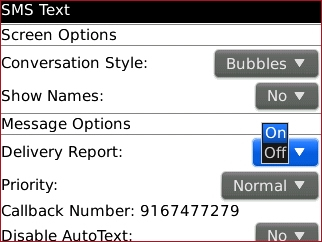 SMS Text options screen with desired setting