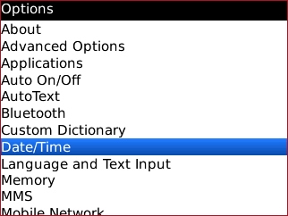Pantalla Options con Date / Time