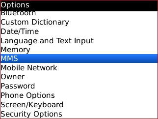 Pantalla Options y opción MMS