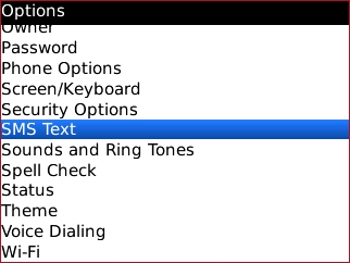 Options screen with SMS Text