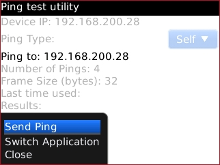 Ping test utility menu with Send Ping