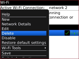 Wi-Fi options menu with Delete