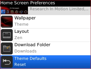 Pantalla Home Screen Preferences con la opción Theme Defaults Reset seleccionada