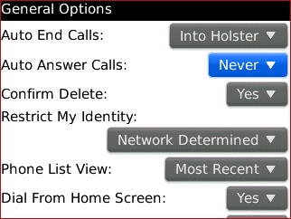 Pantalla de opciones generales con opción Auto Answer Calls