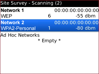 Site Survey screen with scan results