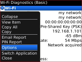 Wi-Fi diagnostics wmenu with Options