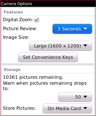 Pantalla Camera options
