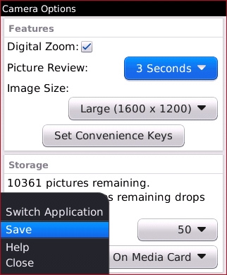Pantalla Camera options con Save