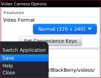 Pantalla Video Camera options con Save
