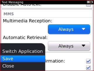Menú Text Messaging con Save