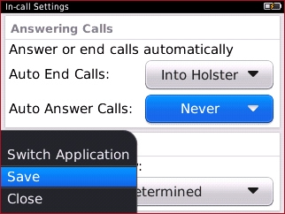 Menú In-call Settings con Save