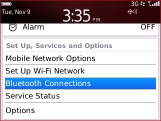 Configuración, Services y Options, y Bluetooth Connections