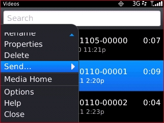 Videos menu with Send