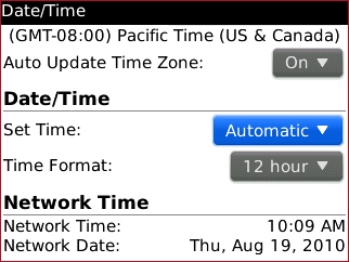 Pantalla Date / Time con campo Set Time seleccionado