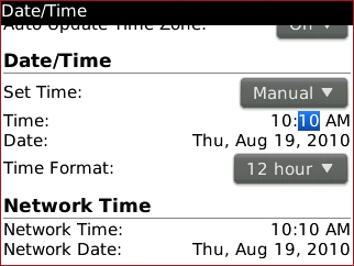 Pantalla Date / Time con configuración Time seleccionada