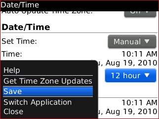 Menú Date / Time con opción Save seleccionada