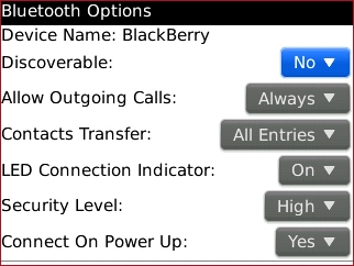 Pantalla de opciones de Bluetooth con configuración Discoverable actual