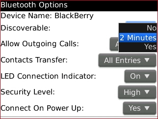 Pantalla de opciones de Bluetooth con opciones disponibles