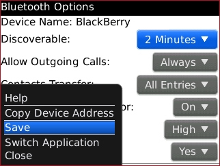 Menú de opciones de Bluetooth con Save