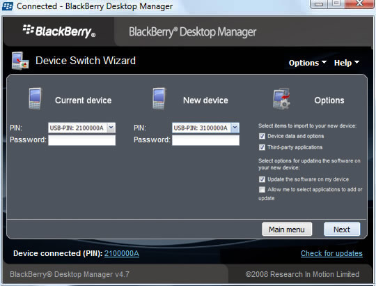 Device Switch Wizard with available devices and options
