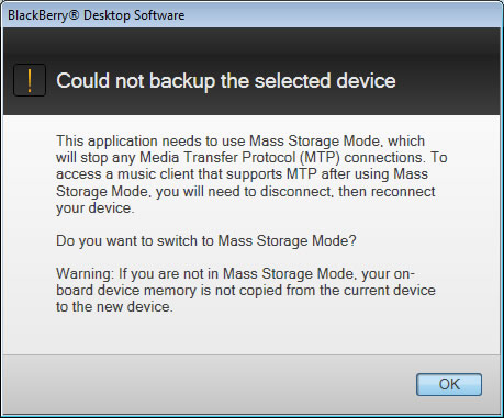 Pantalla Could not backup the device con OK