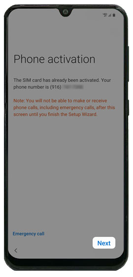 Phone activation screen with next highlighted Phone activation screen with next highlighted