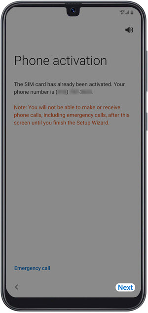 Phone activation screen with next highlighted Phone activation screen with next highlighted