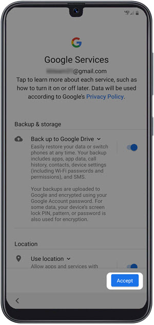 Google Services screen with emphasis on accept
