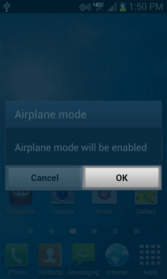 En pantalla de inicio con Airplane mode, selecciona OK
