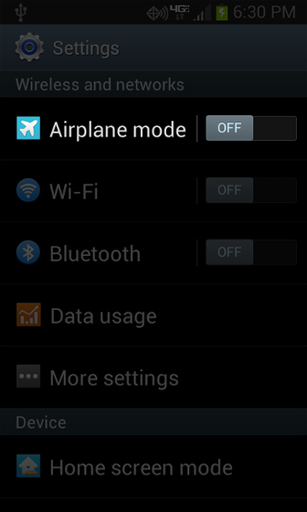 Menú Settings con Airplane mode