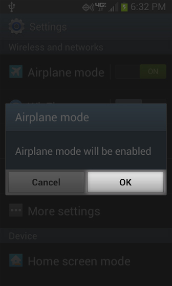 En menú Settings con Airplane mode, selecciona OK
