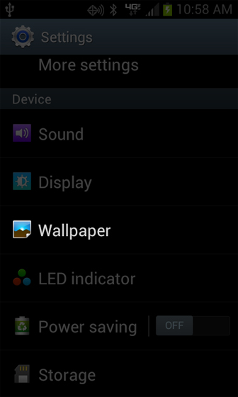 Menú de la pantalla Settings con Wallpaper