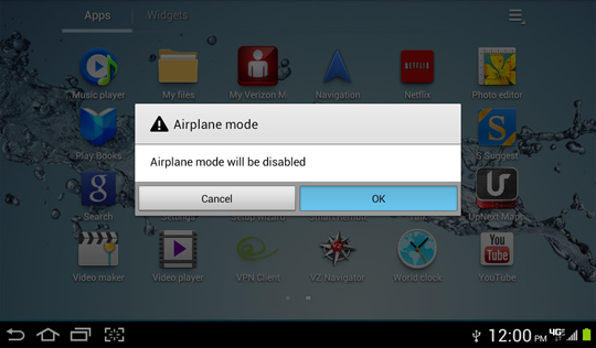 Airplane Mode confirmation screen, OK